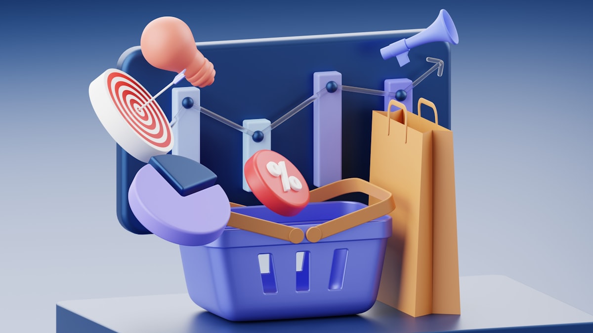 A shopping basket, paper bag, target, and chart icons on a blue background